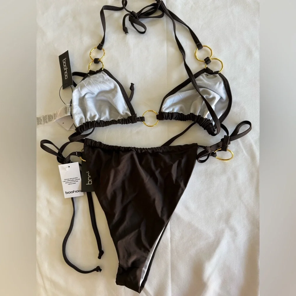 BOOHOO Brown Ring-Detail Triangle Bikini Top & Tie-Side Bottoms - NEW - Size 6
